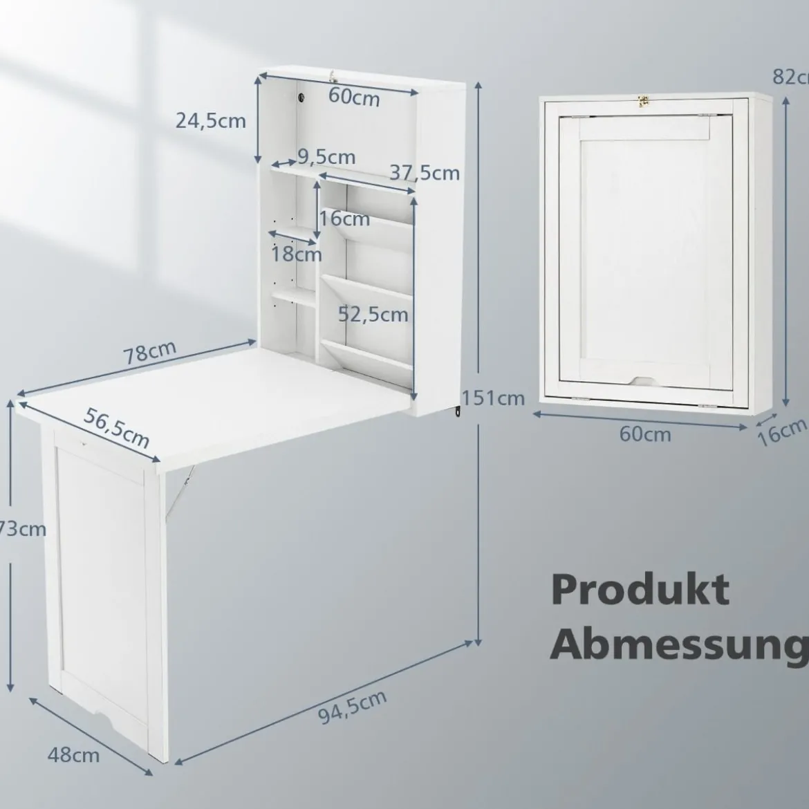 Klapptisch Wandmontierbarer Schreibtisch mit 3-Stufiger Neigbarer Trennwand Weiß