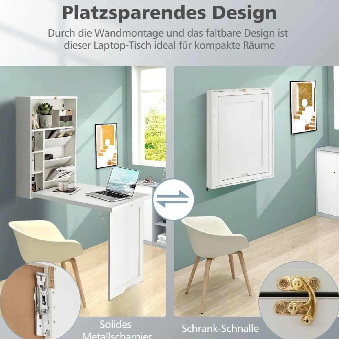 Klapptisch Wandmontierbarer Schreibtisch mit 3-Stufiger Neigbarer Trennwand Weiß