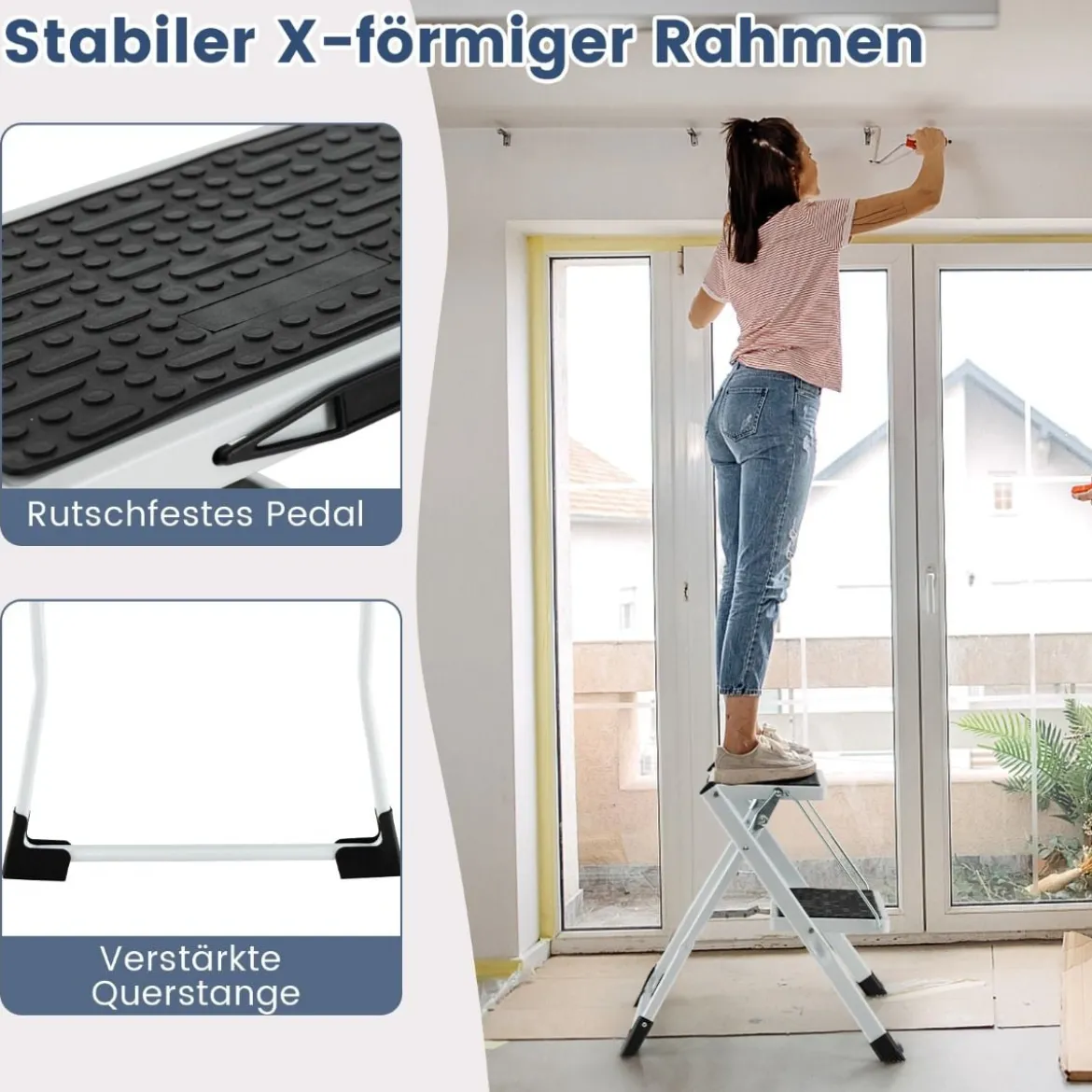 Klapptritt mit 2 Stufen Trittleiter Klappbar 20 cm Breit bis 150 kg Belastbar