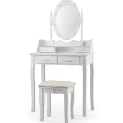 Klassisches Schminktisch-Set mit Hocker LED-Birnen Kosmetiktisch 75 x 40 x 146 cm Weiß