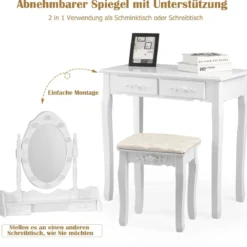 Klassisches Schminktisch-Set mit Hocker LED-Birnen Kosmetiktisch 75 x 40 x 146 cm Weiß