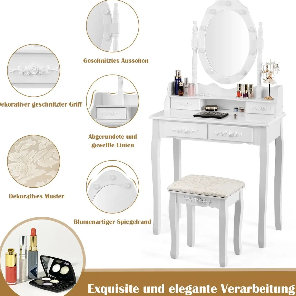 Klassisches Schminktisch-Set mit Hocker LED-Birnen Kosmetiktisch 75 x 40 x 146 cm Weiß