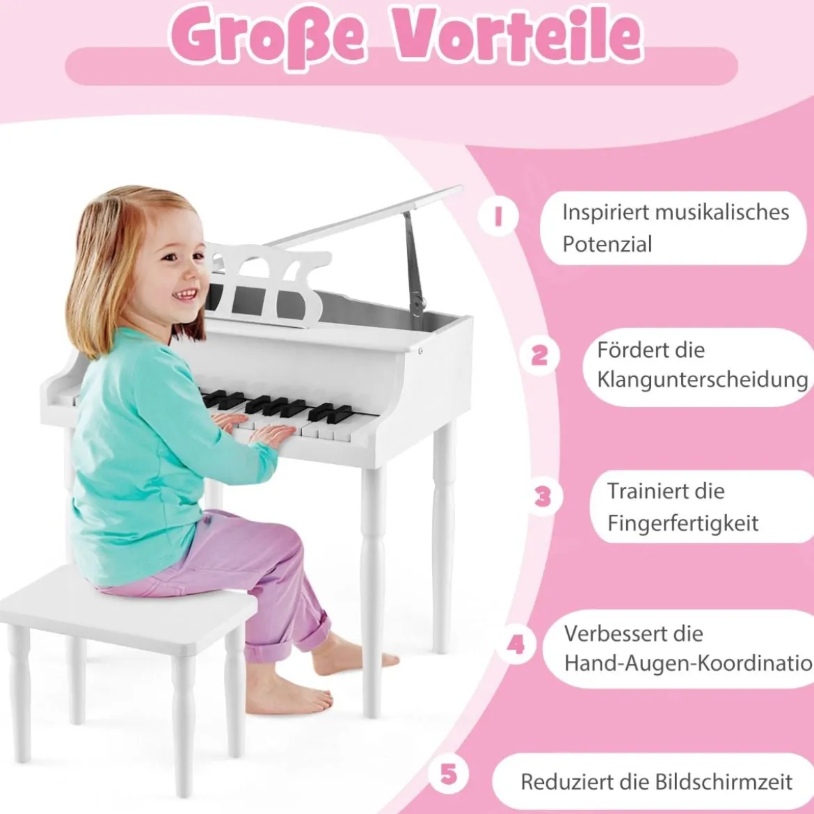 Klassisches 30 Tasten Kinderklavier mit Notenpult & Sitzbank Ideal für Kinder von 3 bis 8 J. Weiß