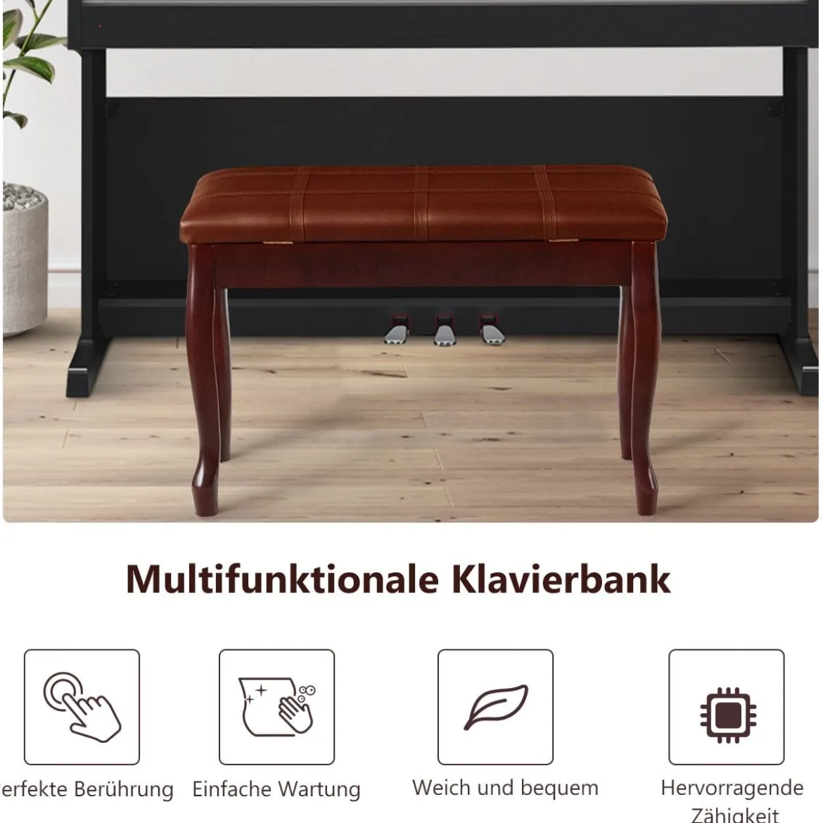 Klavierbank mit Notenfach Klavierhocker aus Massivhoz 75 x 35 x 49 cm Braun