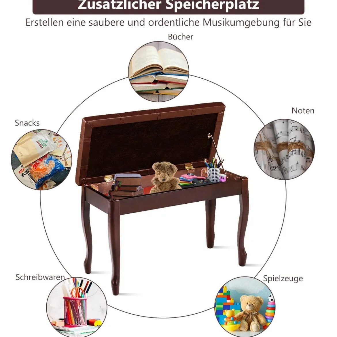 Klavierbank mit Notenfach Klavierhocker aus Massivhoz 75 x 35 x 49 cm Braun