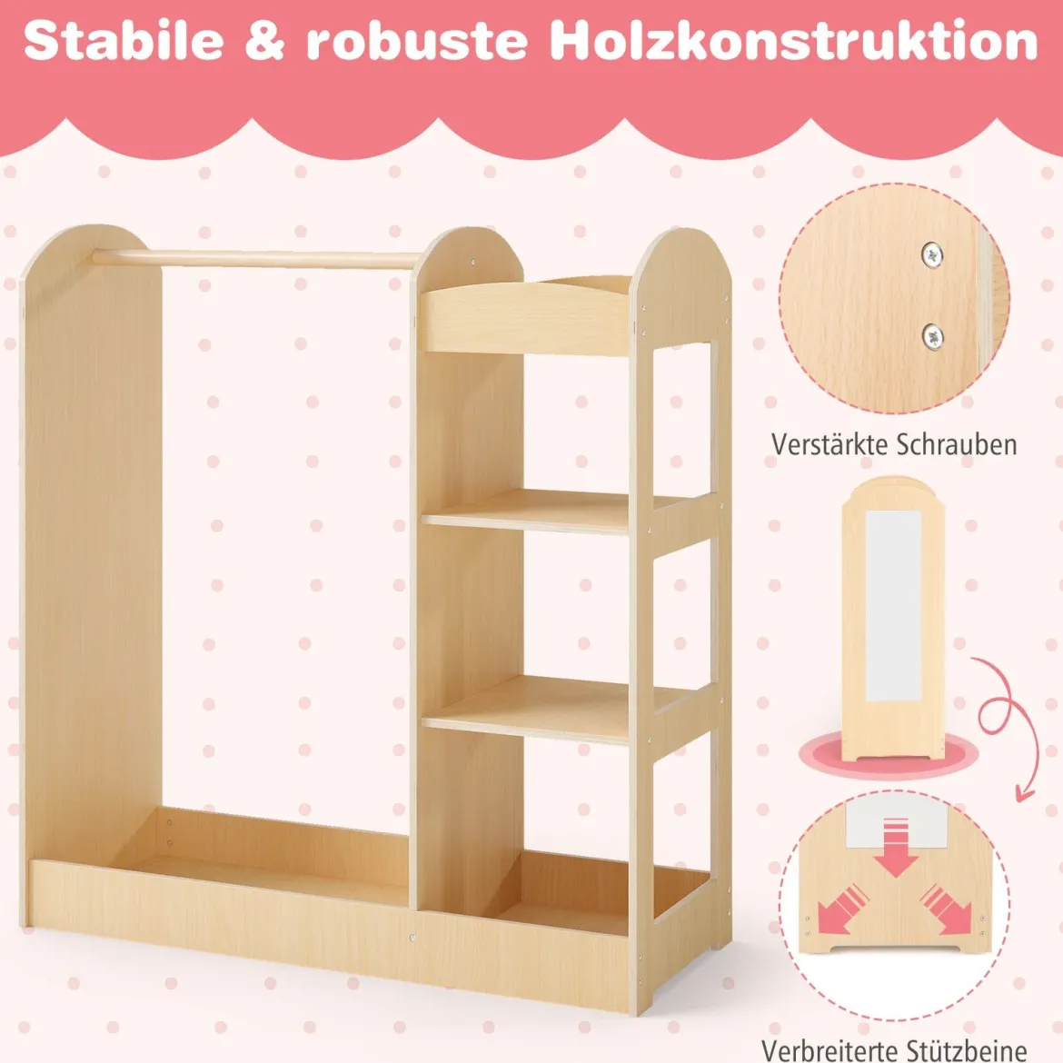 Kleidergarderobe für Kinder Kostümgarderobe für Kinder mit Spiegel 93,5 x 38 x 100 cm Natur