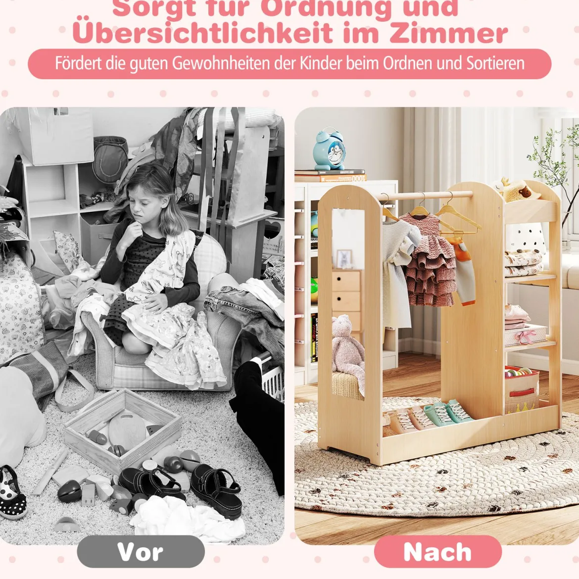 Kleidergarderobe für Kinder Kostümgarderobe für Kinder mit Spiegel 93,5 x 38 x 100 cm Natur