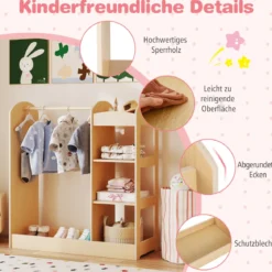 Kleidergarderobe für Kinder Kostümgarderobe für Kinder mit Spiegel 93,5 x 38 x 100 cm Natur