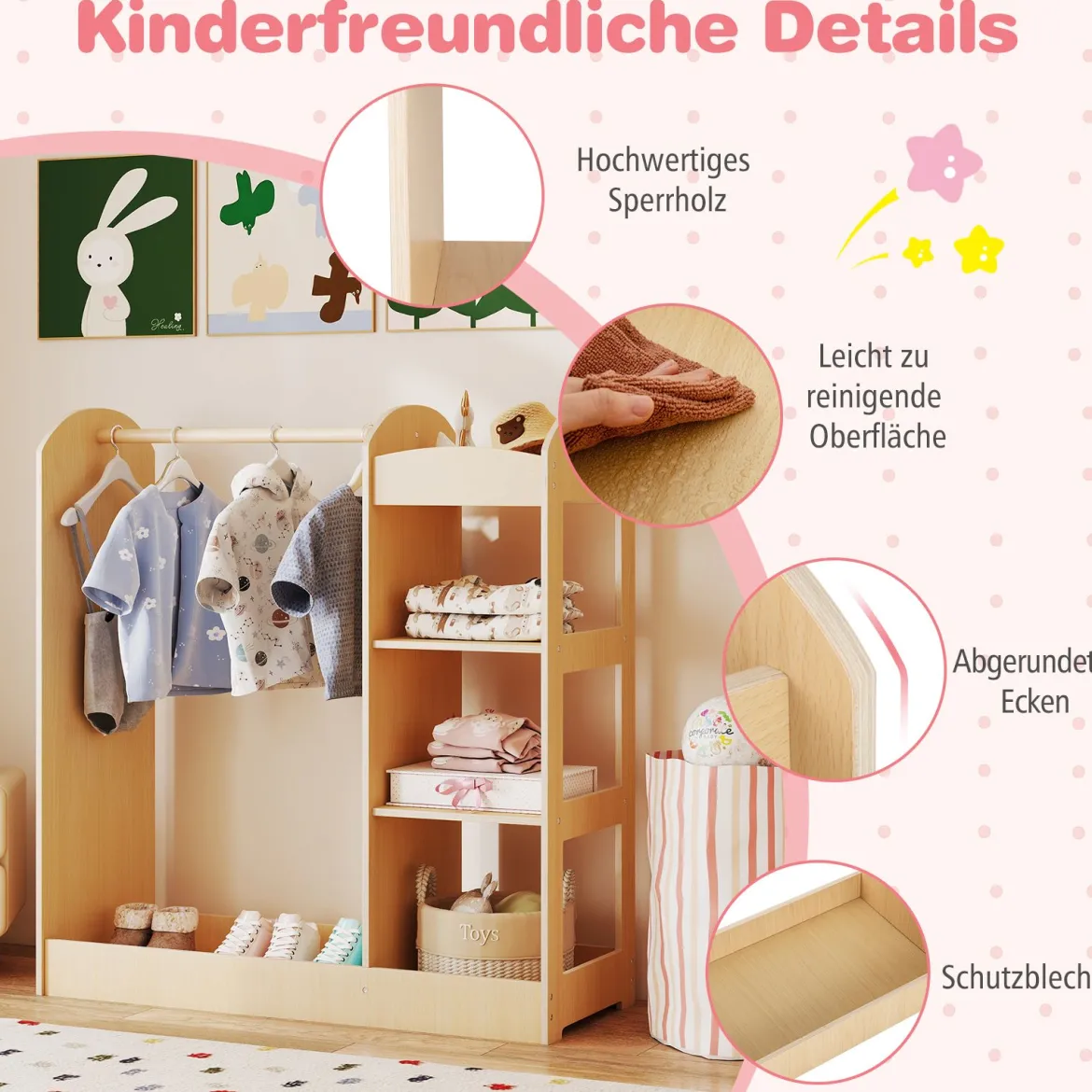 Kleidergarderobe für Kinder Kostümgarderobe für Kinder mit Spiegel 93,5 x 38 x 100 cm Natur