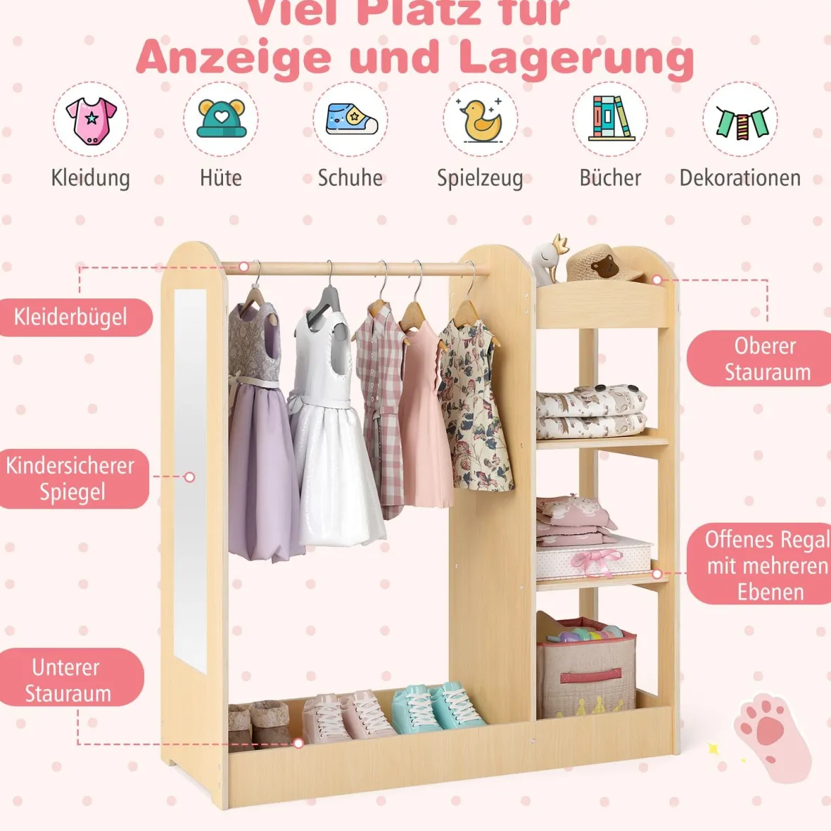 Kleidergarderobe für Kinder Kostümgarderobe für Kinder mit Spiegel 93,5 x 38 x 100 cm Natur