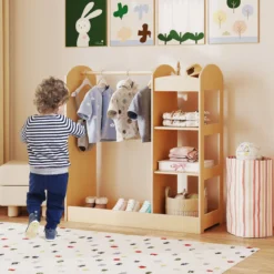 Kleidergarderobe für Kinder Kostümgarderobe für Kinder mit Spiegel 93,5 x 38 x 100 cm Natur