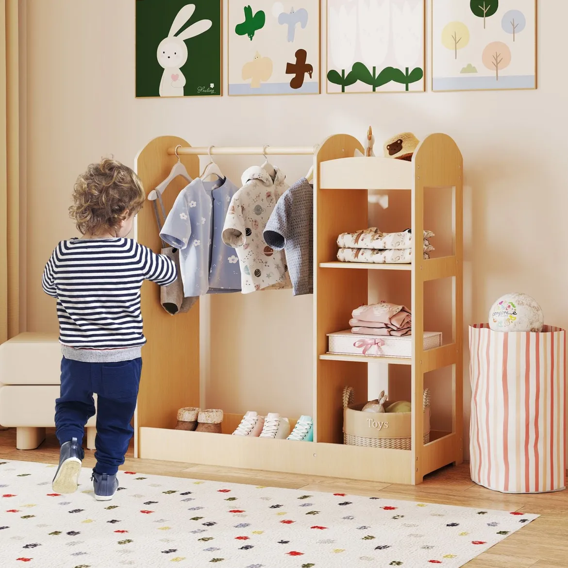 Kleidergarderobe für Kinder Kostümgarderobe für Kinder mit Spiegel 93,5 x 38 x 100 cm Natur