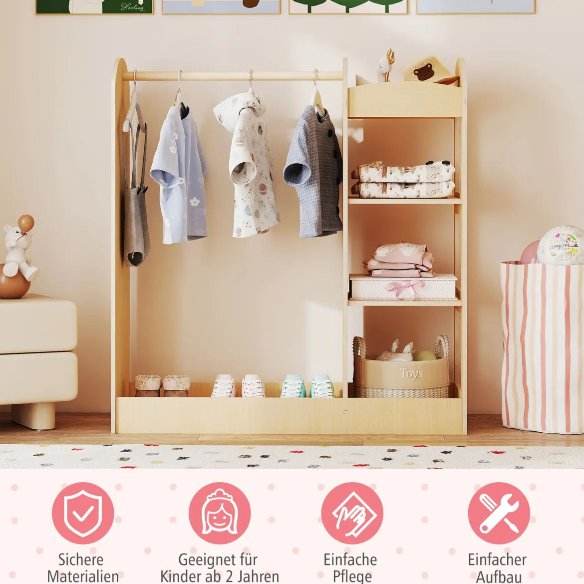 Kleidergarderobe für Kinder Kostümgarderobe für Kinder mit Spiegel 93,5 x 38 x 100 cm Natur