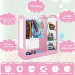 Kleidergarderobe Kostümgarderobe für Kinder mit Spiegel 93,5 x 38 x 100 cm Rosa