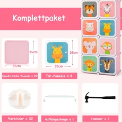 Kleiderschrank für Kinder Babyschrank mit 8 Würfeln & Hängebereich niedliche Cartoon-Kommode Rosa