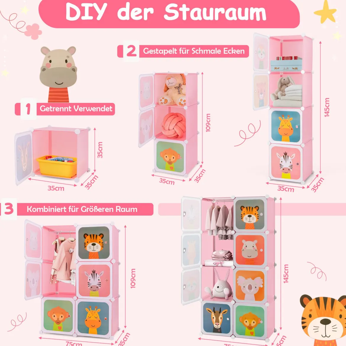 Kleiderschrank für Kinder Babyschrank mit 8 Würfeln & Hängebereich niedliche Cartoon-Kommode Rosa