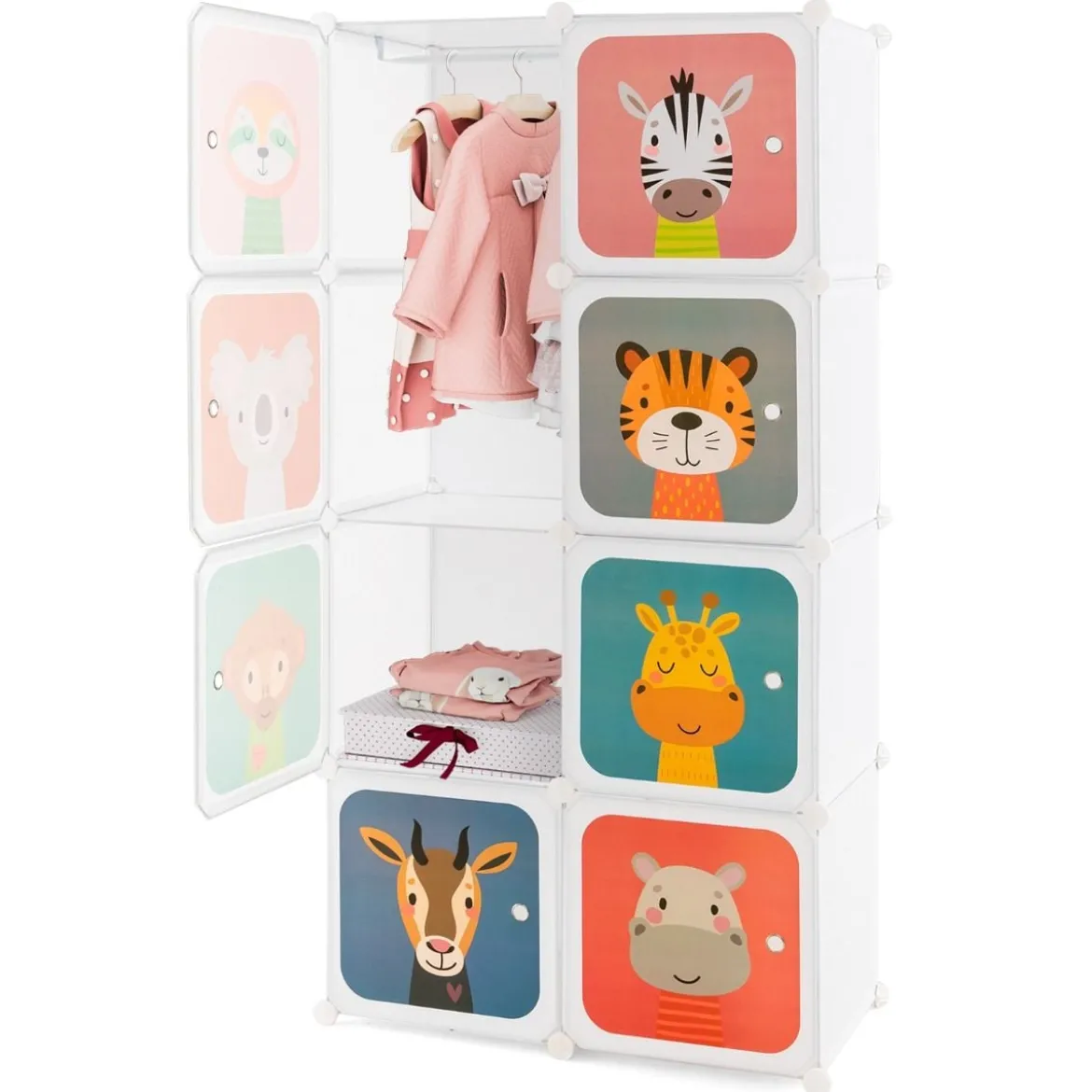 Kleiderschrank für Kinder mit 8 Würfeln & Hängebereich einfache Montage Weiß