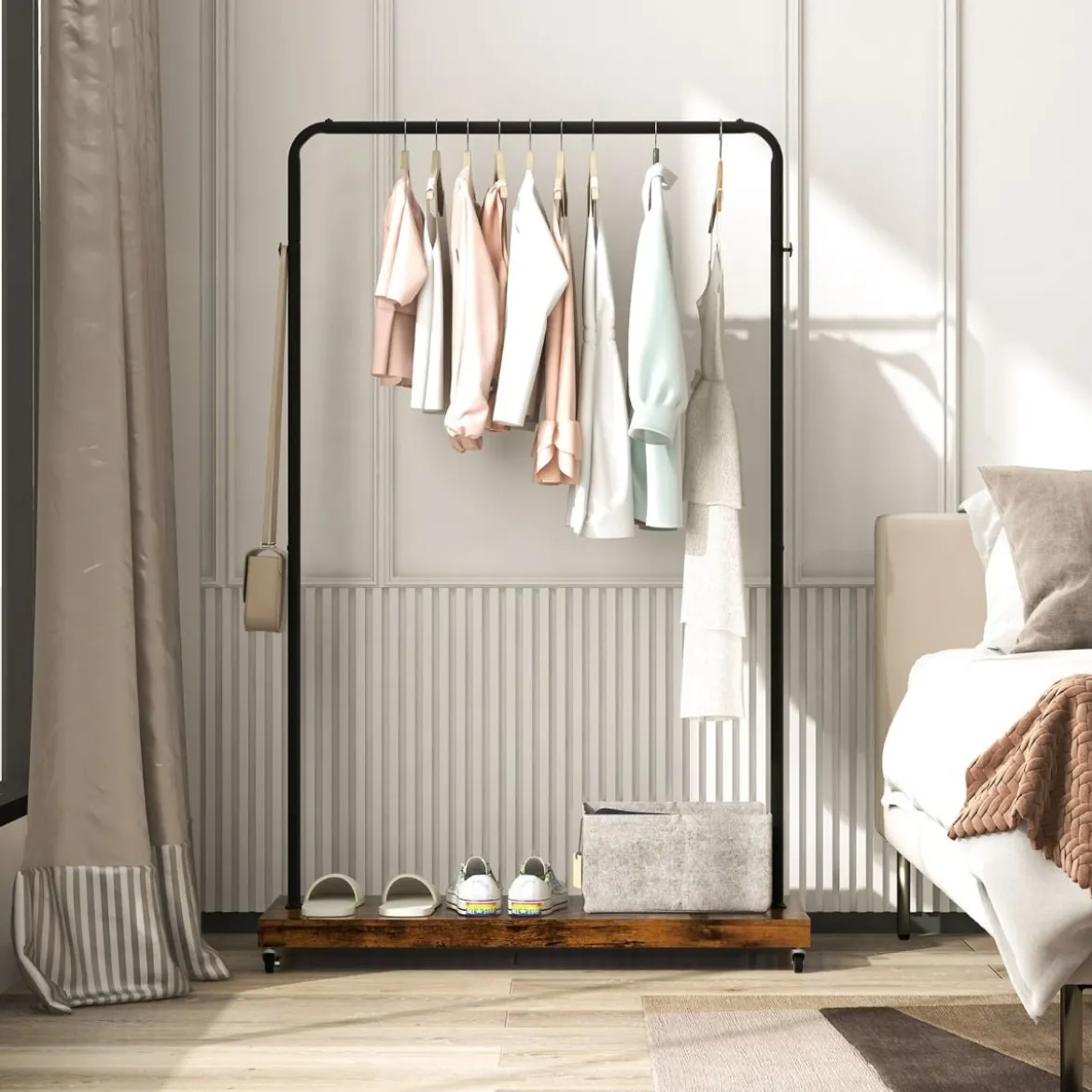 Kleiderständer auf Rollen mobile Garderobe im industriellen Rohrstil Mantelständer mit stabilem Metallrahmen