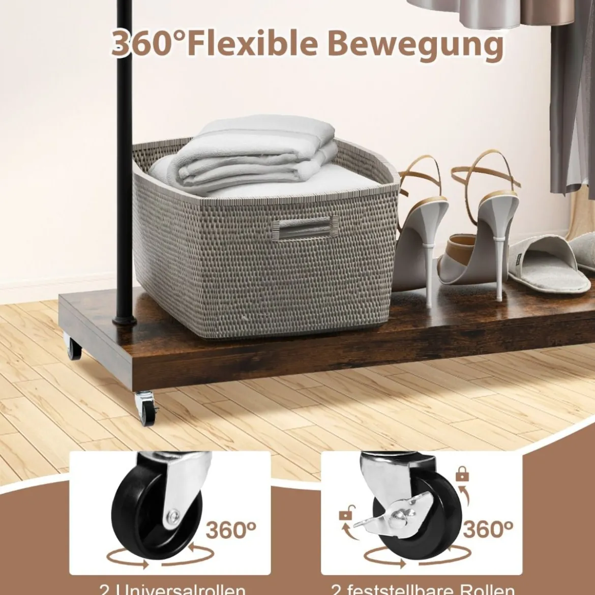 Kleiderständer auf Rollen mobile Garderobe im industriellen Rohrstil Mantelständer mit stabilem Metallrahmen