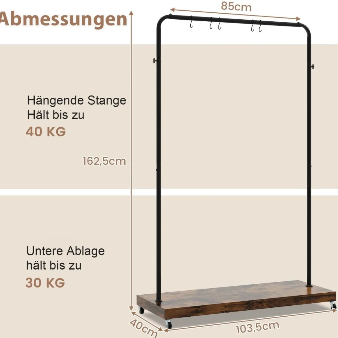 Kleiderständer auf Rollen mobile Garderobe im industriellen Rohrstil Mantelständer mit stabilem Metallrahmen