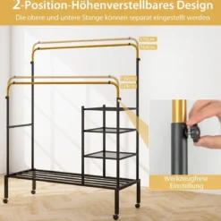Kleiderständer mit 2 Kleiderstangen Wäscheständer auf Rollen Garderobenständer höhenverstellbar 135 x 54 x 170cm Gold