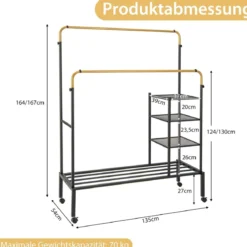 Kleiderständer mit 2 Kleiderstangen Wäscheständer auf Rollen Garderobenständer höhenverstellbar 135 x 54 x 170cm Gold