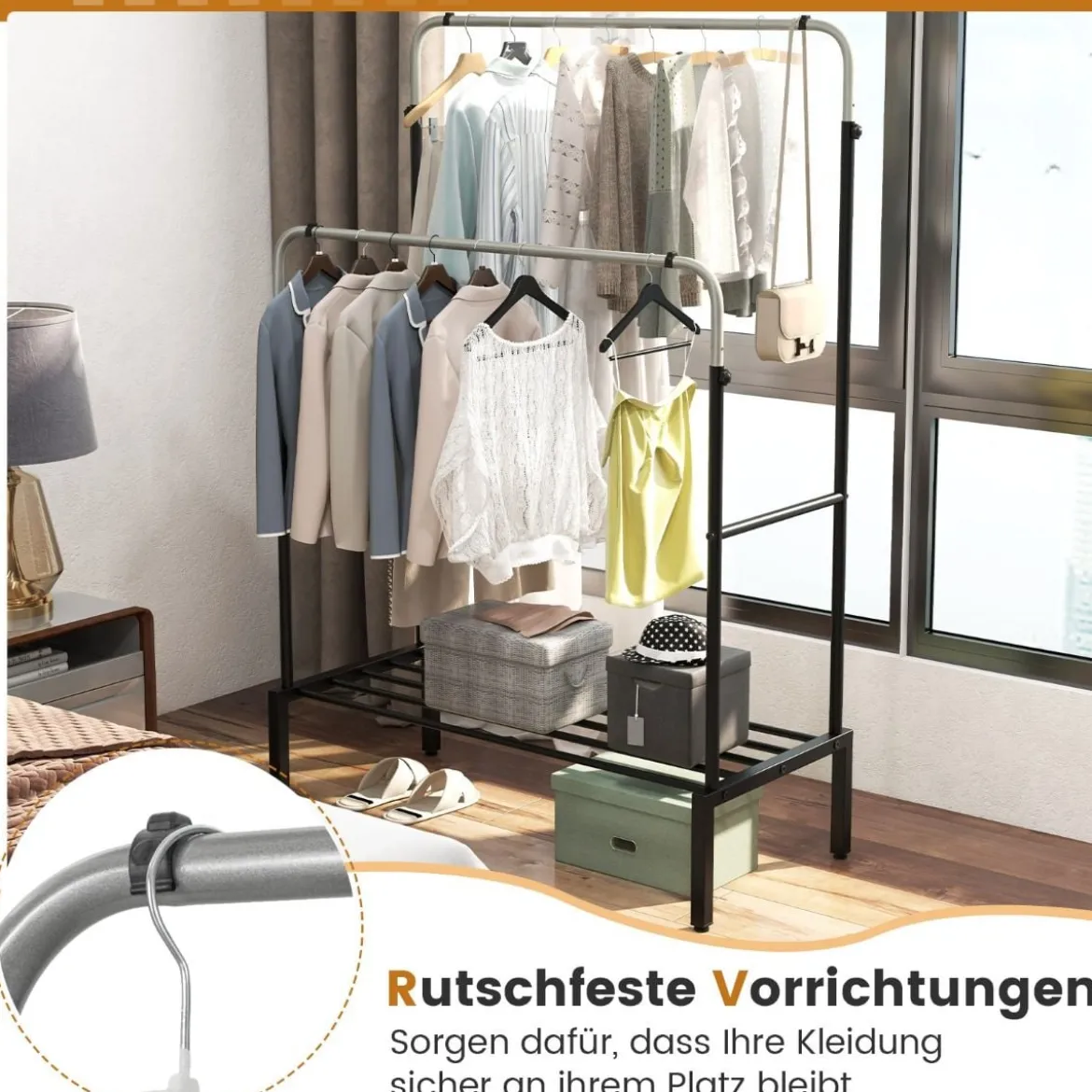 Kleiderständer mit 2 Kleiderstangen Garderobenständer doppelt mit verstellbaren Höhen Schwarz + Silber