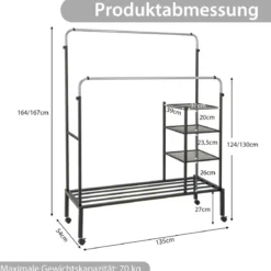 Kleiderständer mit 2 Kleiderstangen Wäscheständer auf Rollen Garderobenständer höhenverstellbar 135 x 54 x 170cm Silber