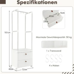 Kleiderständer mit 2 Schubladen Garderobenständer mit feststellbaren Rollen 52 x 40 x 161 cm Weiß