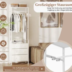 Kleiderständer mit Schubladen & 3-Positionen-Hängestange & Ablagefächern Schrank-Organizer Weiß