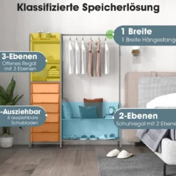 Kleiderständer mit 6 Schubladen 3 Offenen Regalen 2-Stufigem Schuhregal aus Metall 120 x 33 x 148 cm Grau