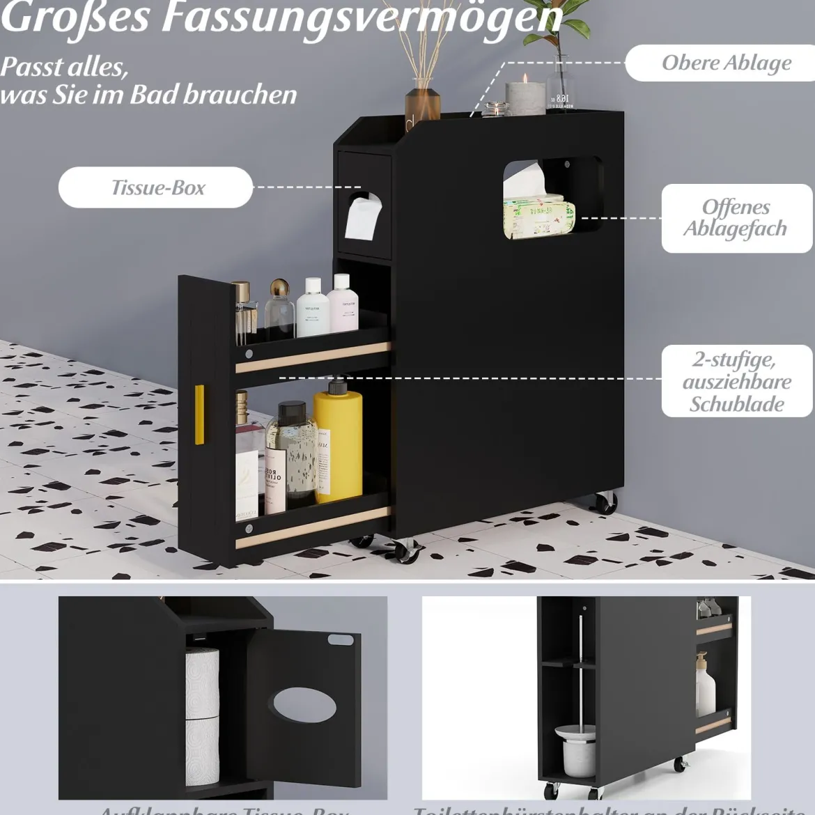 Kleiner Badezimmerschrank 16 cm schmaler Organizer mit ausziehbarer Schublade Taschentuchbox Schwarz