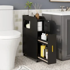 Kleiner Badezimmerschrank 16 cm schmaler Organizer mit ausziehbarer Schublade Taschentuchbox Schwarz