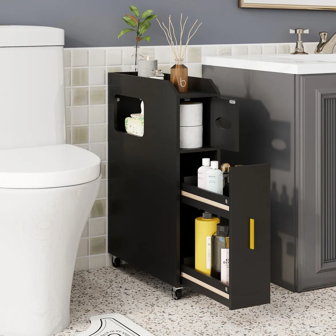 Kleiner Badezimmerschrank 16 cm schmaler Organizer mit ausziehbarer Schublade Taschentuchbox Schwarz