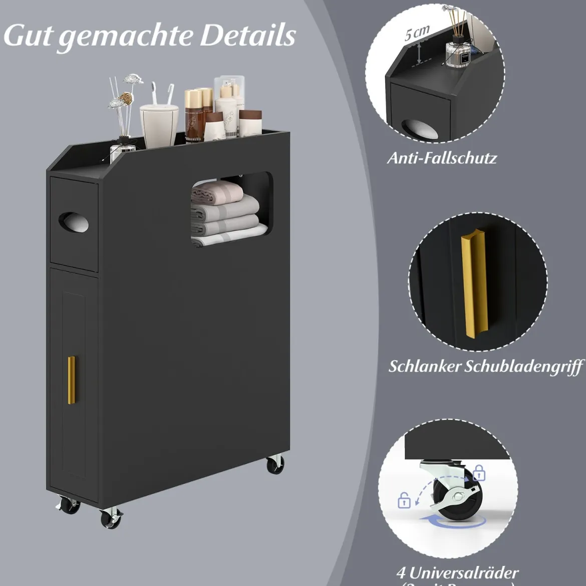 Kleiner Badezimmerschrank 16 cm schmaler Organizer mit ausziehbarer Schublade Taschentuchbox Schwarz