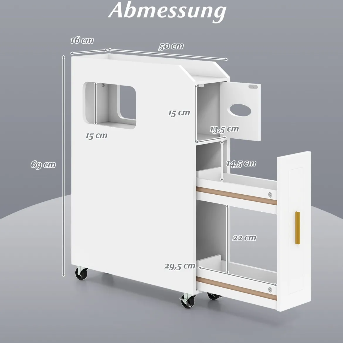 Kleiner Badezimmerschrank 16 cm schmaler Organizer mit ausziehbarer Schublade Taschentuchbox Weiß