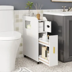 Kleiner Badezimmerschrank 16 cm schmaler Organizer mit ausziehbarer Schublade Taschentuchbox Weiß