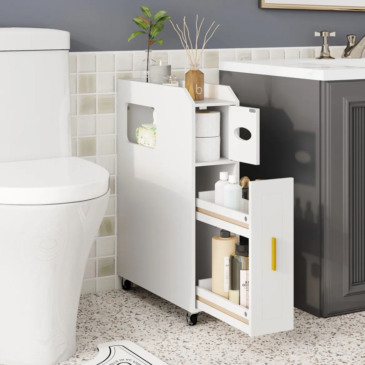 Kleiner Badezimmerschrank 16 cm schmaler Organizer mit ausziehbarer Schublade Taschentuchbox Weiß