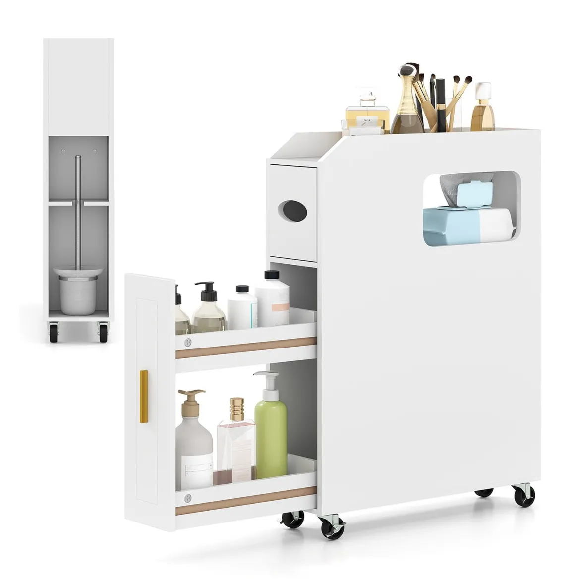 Kleiner Badezimmerschrank 16 cm schmaler Organizer mit ausziehbarer Schublade Taschentuchbox Weiß