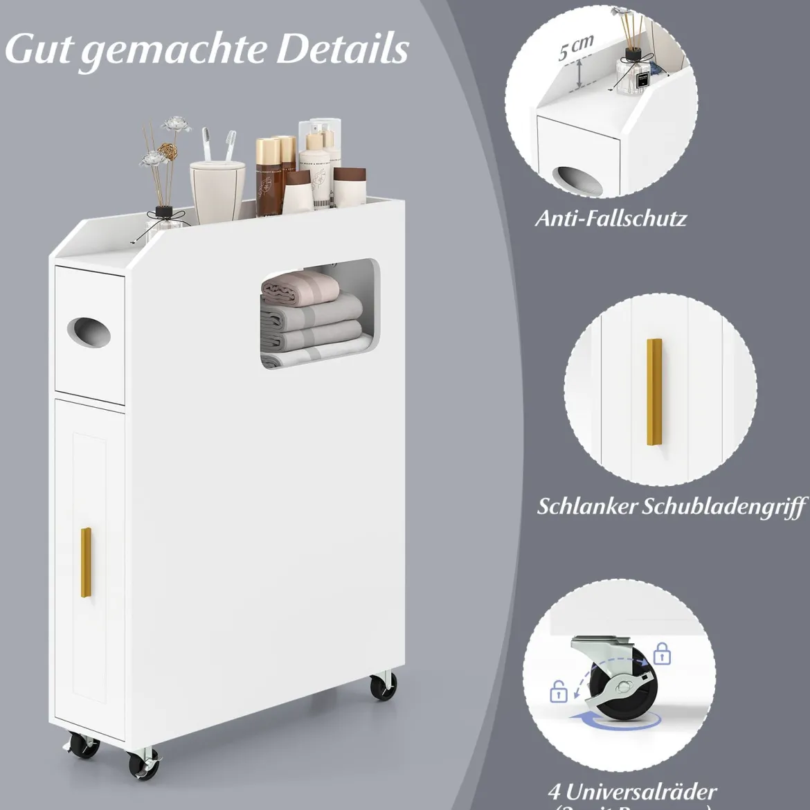 Kleiner Badezimmerschrank 16 cm schmaler Organizer mit ausziehbarer Schublade Taschentuchbox Weiß
