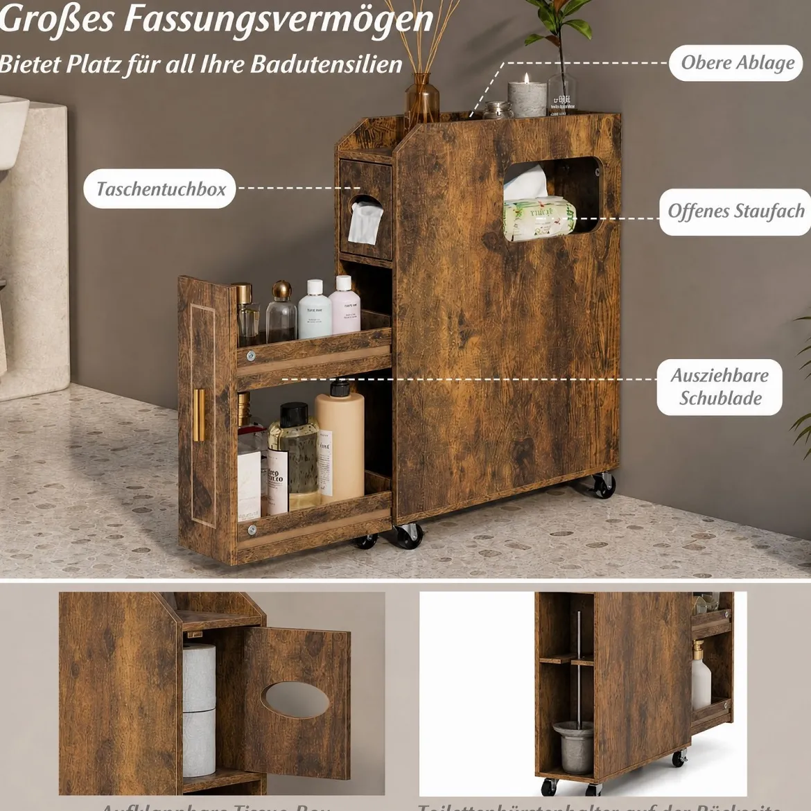 Kleiner Badezimmerschrank 16 cm schmaler Organizer mit ausziehbarer Schublade Taschentuchbox Braun
