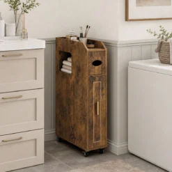 Kleiner Badezimmerschrank 16 cm schmaler Organizer mit ausziehbarer Schublade Taschentuchbox Braun