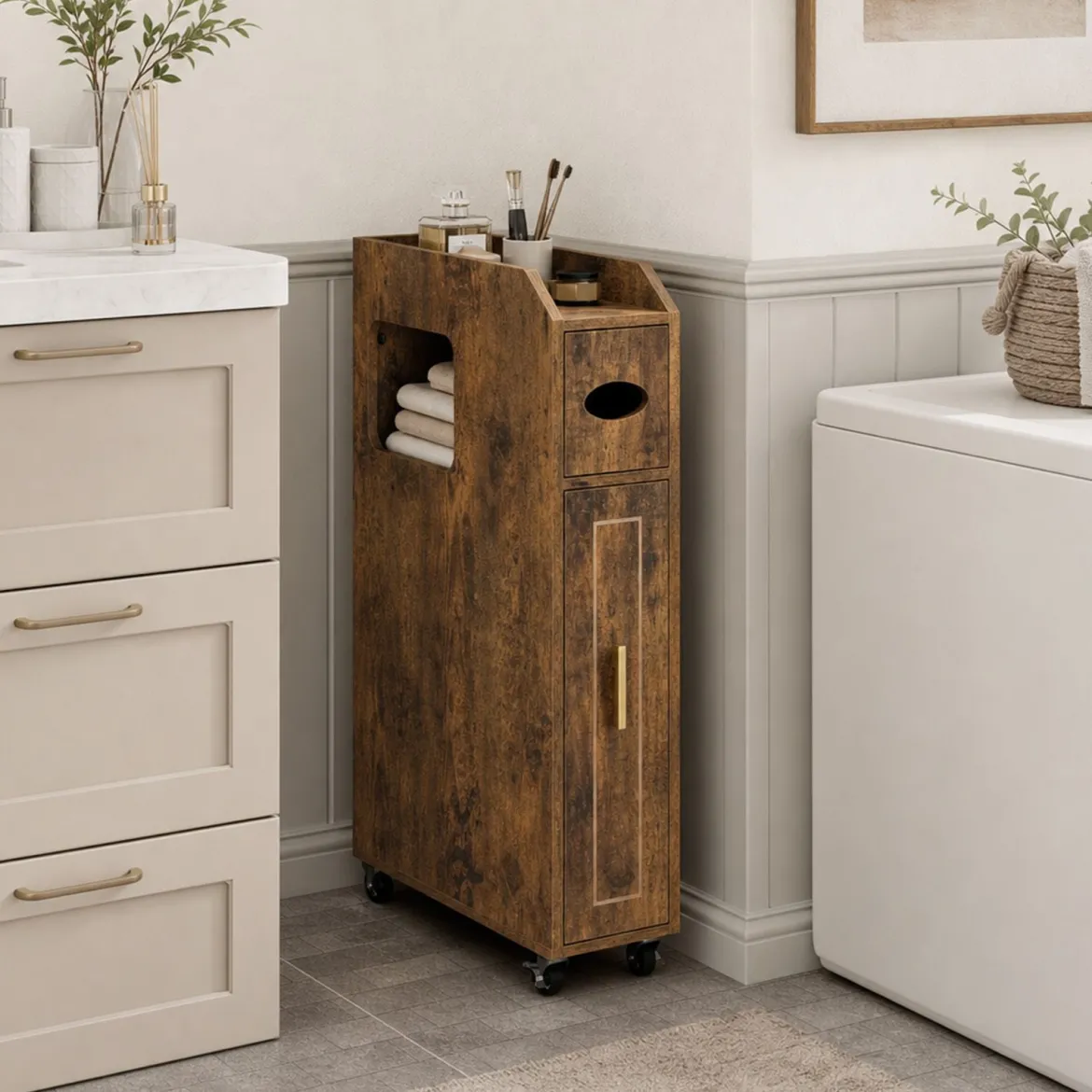 Kleiner Badezimmerschrank 16 cm schmaler Organizer mit ausziehbarer Schublade Taschentuchbox Braun