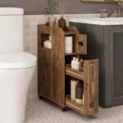 Kleiner Badezimmerschrank 16 cm schmaler Organizer mit ausziehbarer Schublade Taschentuchbox Braun