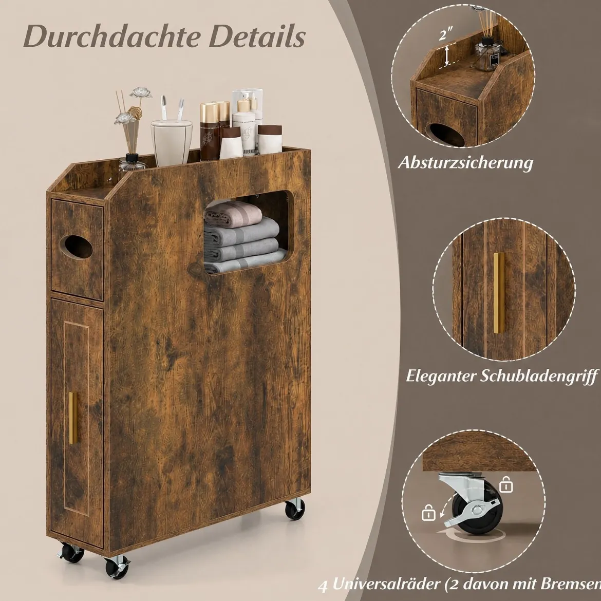 Kleiner Badezimmerschrank 16 cm schmaler Organizer mit ausziehbarer Schublade Taschentuchbox Braun