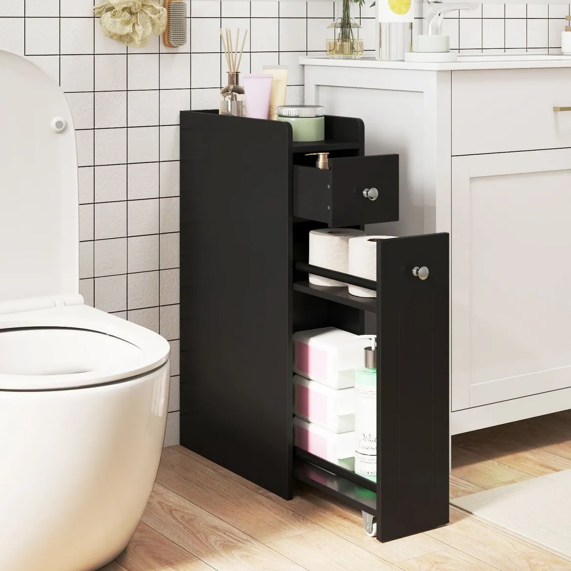 Kleiner Badezimmerschrank 4-stufiger schmaler Aufbewahrungsschrank mit ausziehbaren Schubladen Schwarz