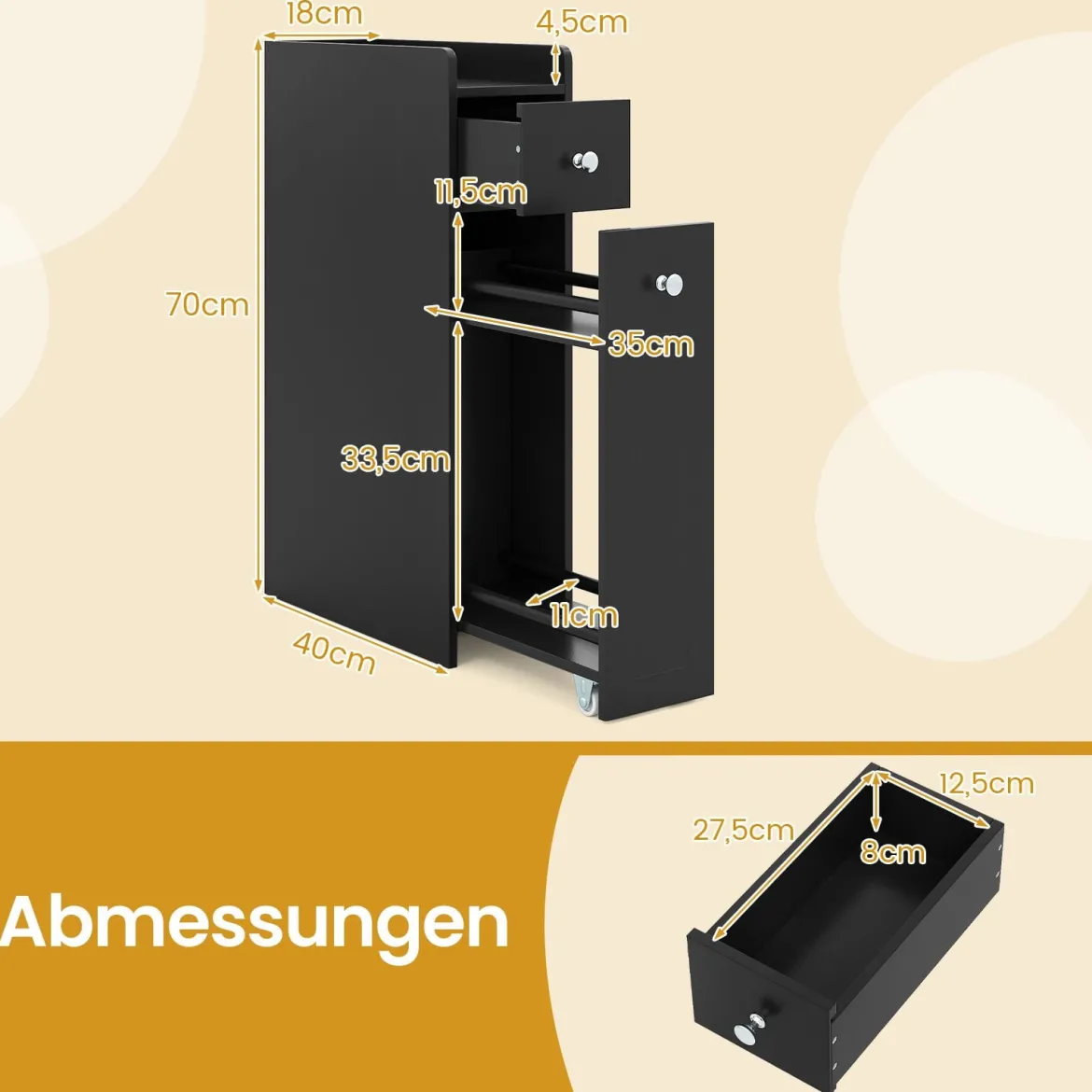 Kleiner Badezimmerschrank 4-stufiger schmaler Aufbewahrungsschrank mit ausziehbaren Schubladen Schwarz
