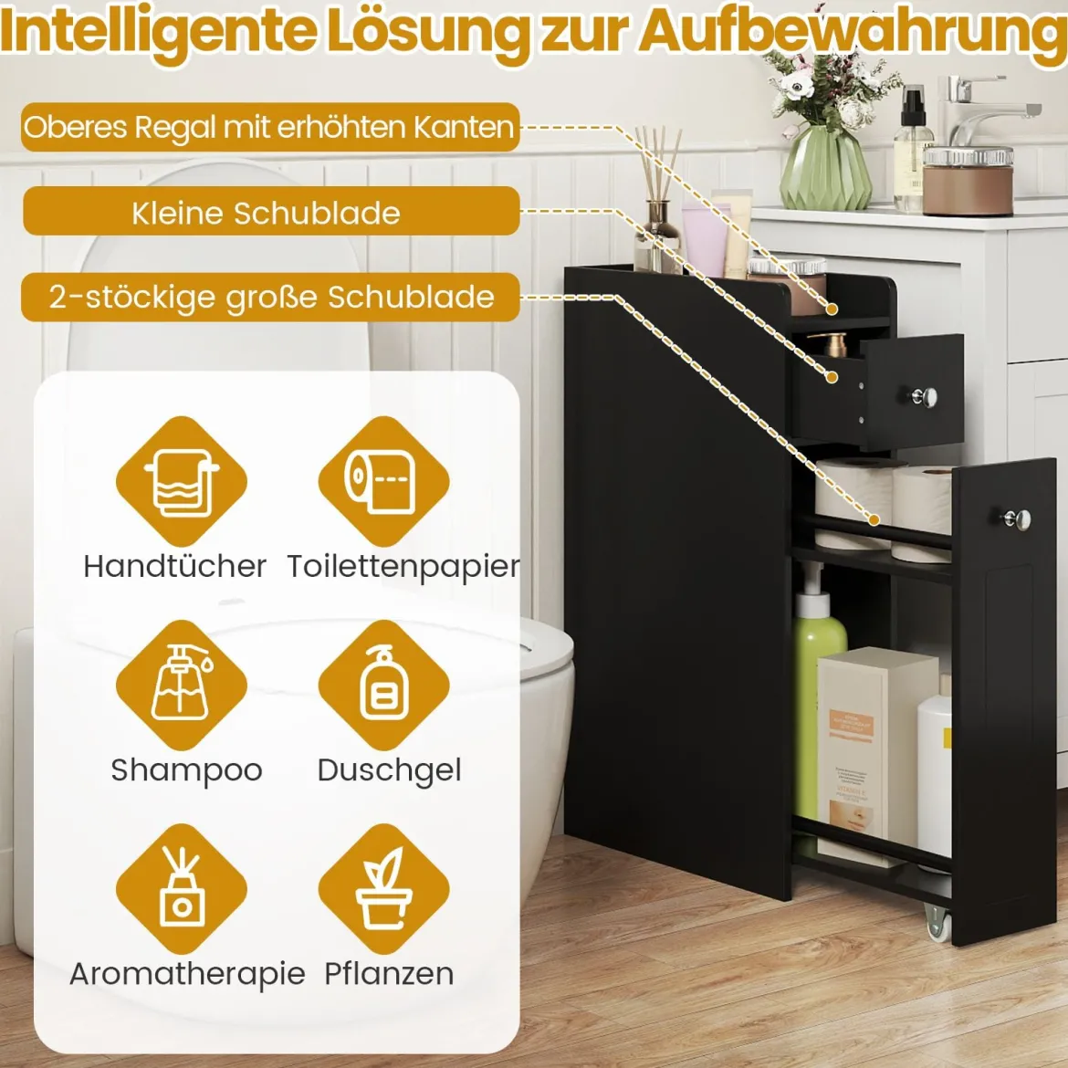 Kleiner Badezimmerschrank 4-stufiger schmaler Aufbewahrungsschrank mit ausziehbaren Schubladen Schwarz