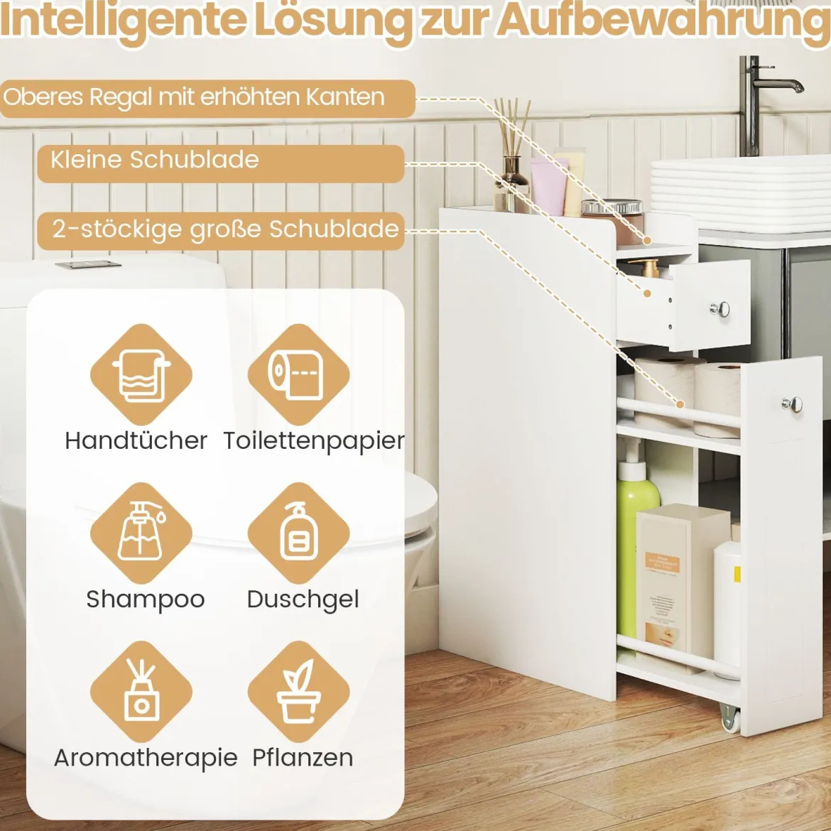 Kleiner Badezimmerschrank 4-stufiger schmaler Aufbewahrungsschrank mit ausziehbaren Schubladen Weiß