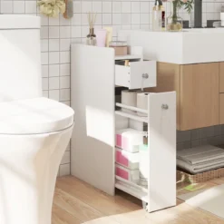 Kleiner Badezimmerschrank 4-stufiger schmaler Aufbewahrungsschrank mit ausziehbaren Schubladen Weiß